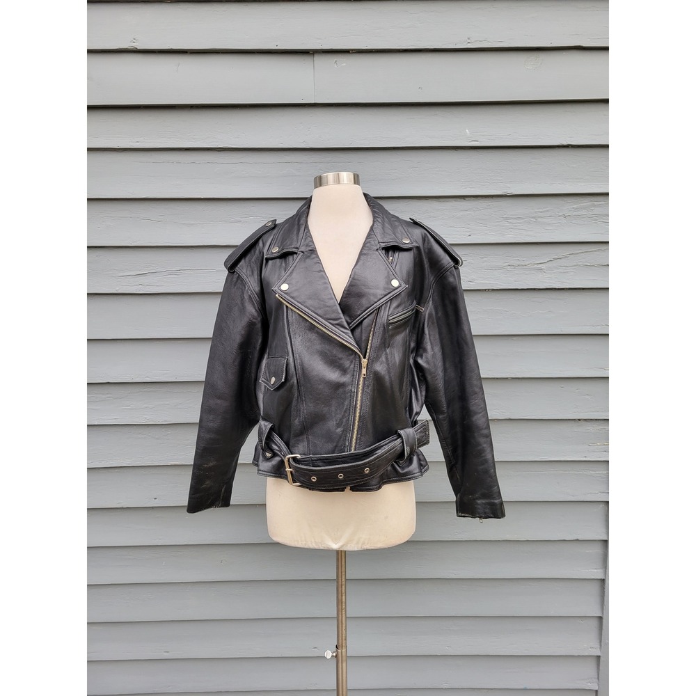 Vintage Wilsons Leather Grunge Punk Motorcycle Jacket Black Belted Biker Moto Lg